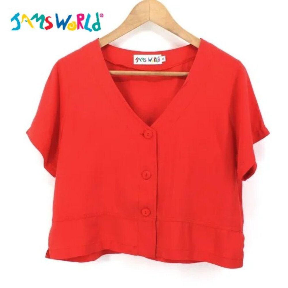 Jam's World Blush Crop Top Button Front Short Sleeve V-neck Rayon Made in USA S